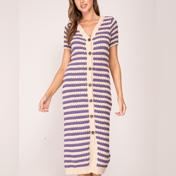 Lumiere Purple and Cream Striped Sweater Dress - Picture 1 of 4